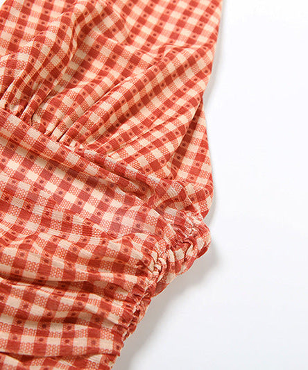 Vintage Charm Red Gingham Ruched Halter Top - Flattering Fall Style & Vacation Ready