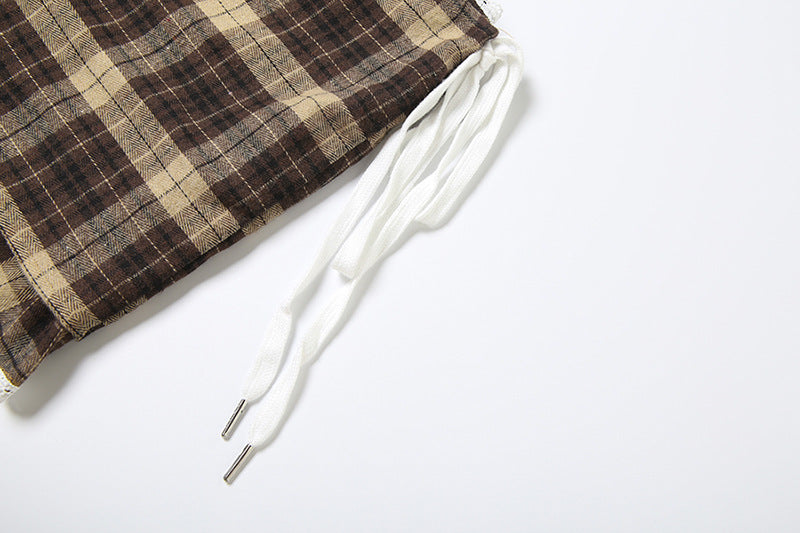 Effortless Fall Style: Chic Plaid Asymmetrical Mini Skirt with Lace Trim & Side Ties