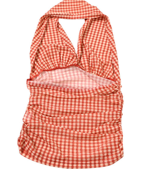 Vintage Charm Red Gingham Ruched Halter Top - Flattering Fall Style & Vacation Ready