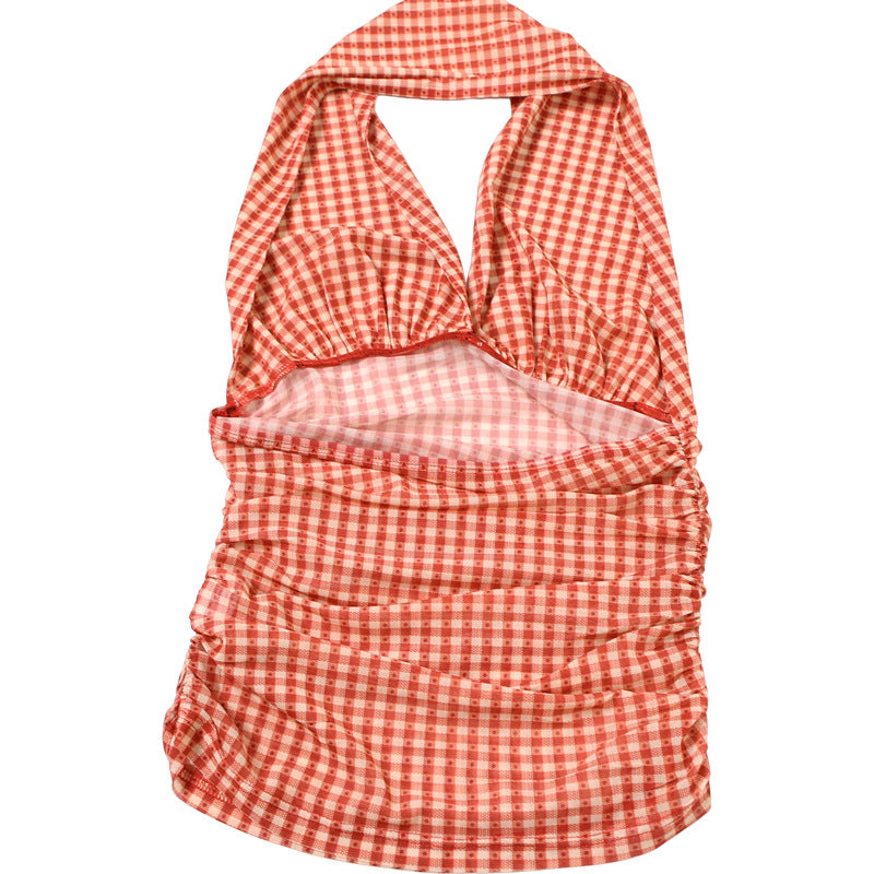 Vintage Charm Red Gingham Ruched Halter Top - Flattering Fall Style & Vacation Ready