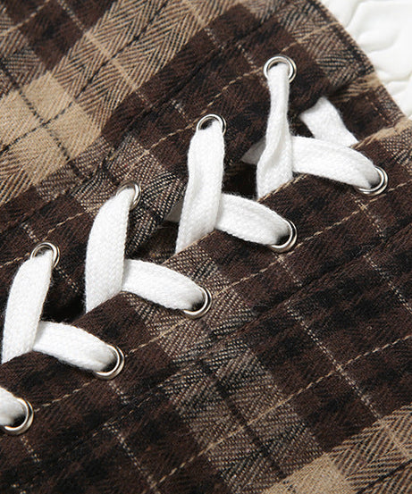 Autumn Plaid Lace-Up Corset Cami Top | Chic Ruffled Bustier for Fall