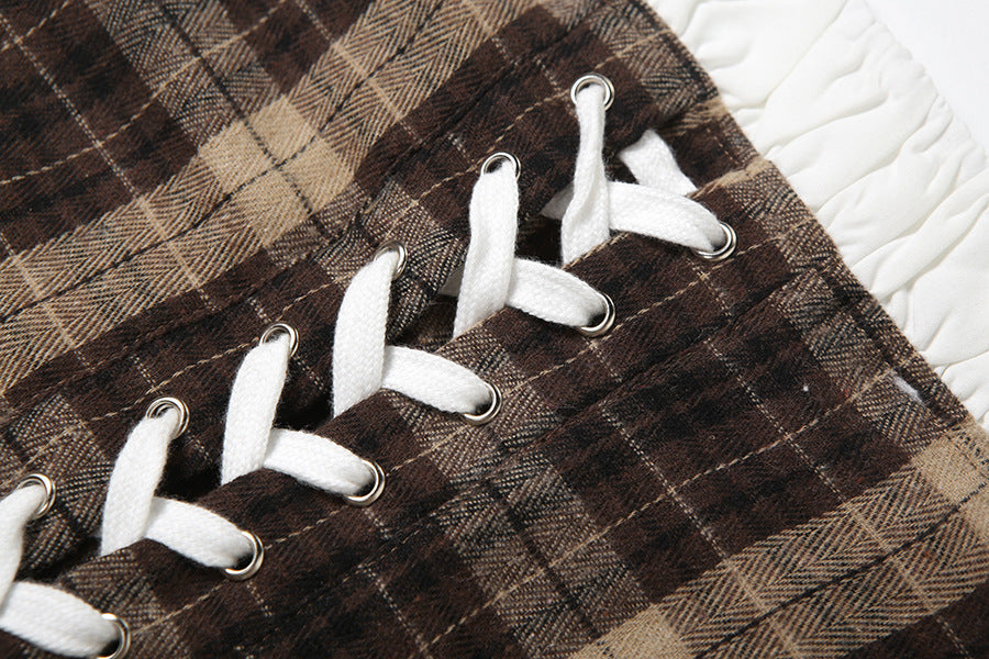 Autumn Plaid Lace-Up Corset Cami Top | Chic Ruffled Bustier for Fall