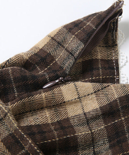 Effortless Fall Style: Chic Plaid Asymmetrical Mini Skirt with Lace Trim & Side Ties