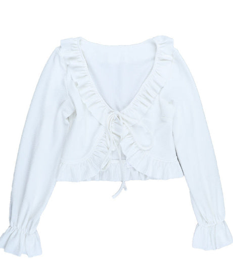 Autumn Delight: Romantic Ruffle Tie-Front Cropped Top | V-Neck Long Flared Sleeve Blouse
