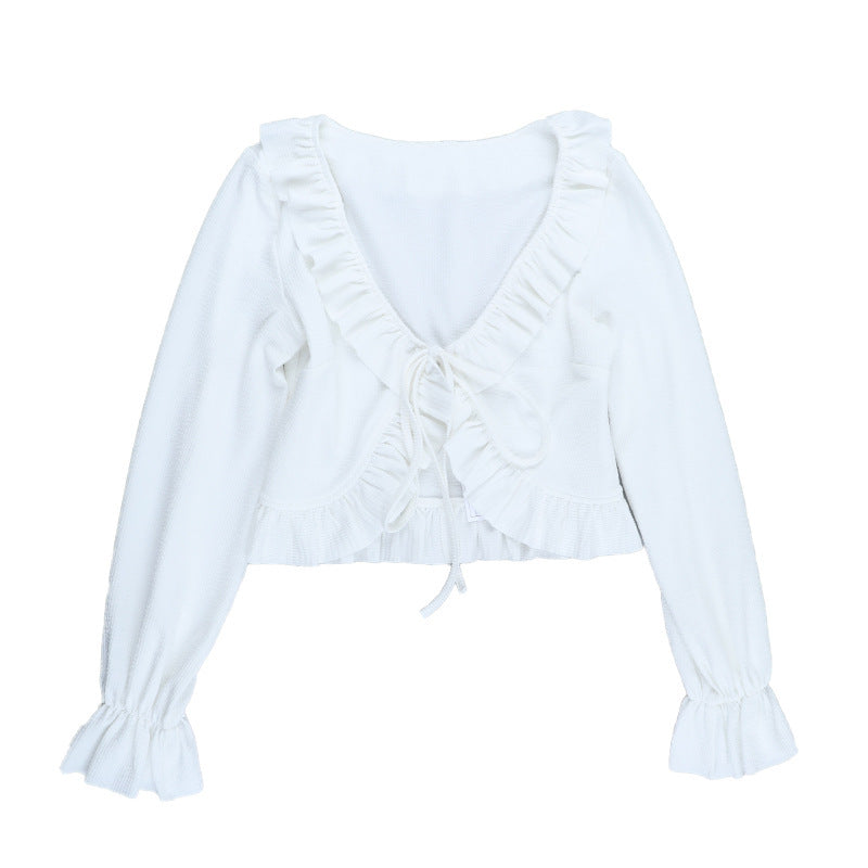 Autumn Delight: Romantic Ruffle Tie-Front Cropped Top | V-Neck Long Flared Sleeve Blouse