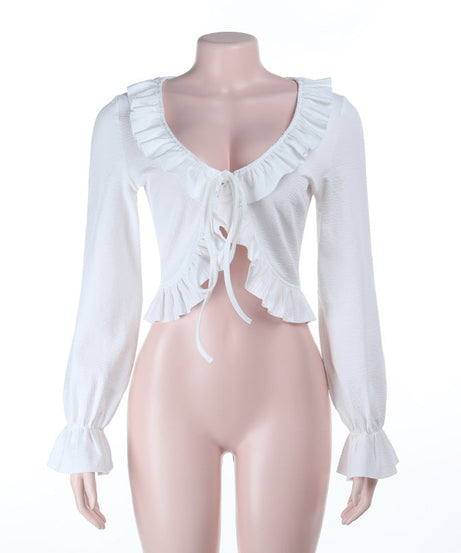 Autumn Delight: Romantic Ruffle Tie-Front Cropped Top | V-Neck Long Flared Sleeve Blouse