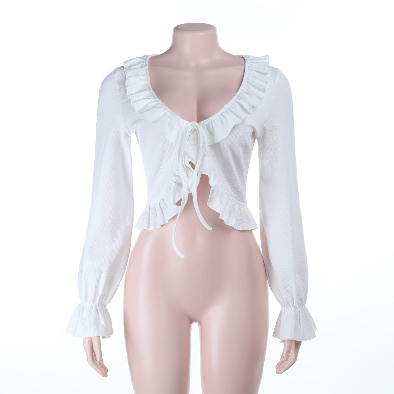 Autumn Delight: Romantic Ruffle Tie-Front Cropped Top | V-Neck Long Flared Sleeve Blouse