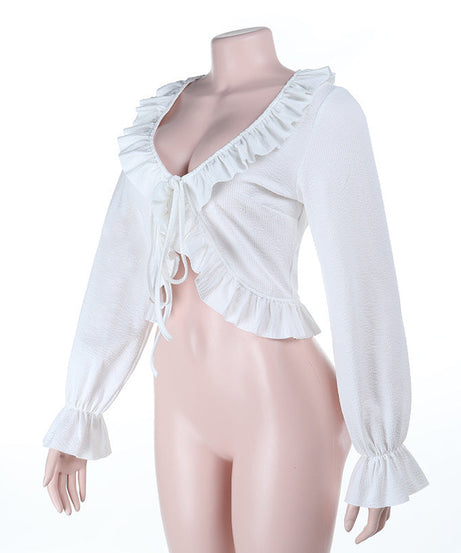 Autumn Delight: Romantic Ruffle Tie-Front Cropped Top | V-Neck Long Flared Sleeve Blouse