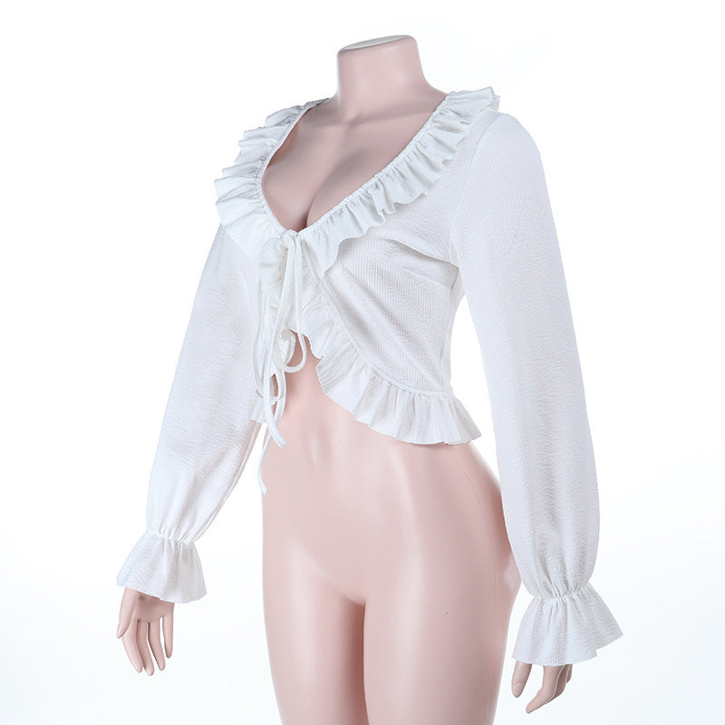 Autumn Delight: Romantic Ruffle Tie-Front Cropped Top | V-Neck Long Flared Sleeve Blouse