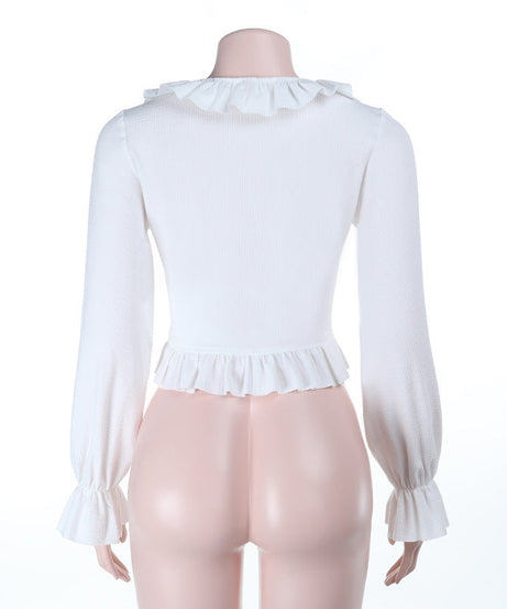 Autumn Delight: Romantic Ruffle Tie-Front Cropped Top | V-Neck Long Flared Sleeve Blouse