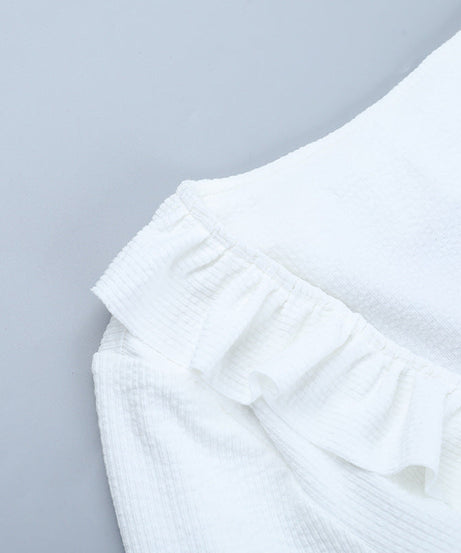 Autumn Delight: Romantic Ruffle Tie-Front Cropped Top | V-Neck Long Flared Sleeve Blouse