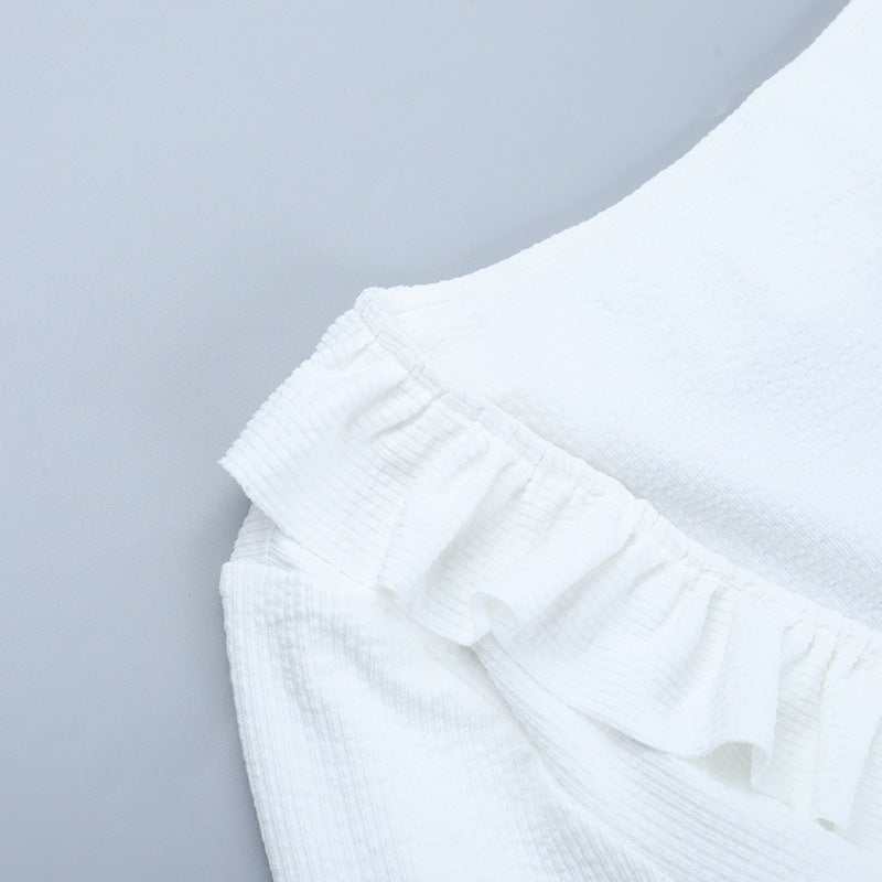 Autumn Delight: Romantic Ruffle Tie-Front Cropped Top | V-Neck Long Flared Sleeve Blouse