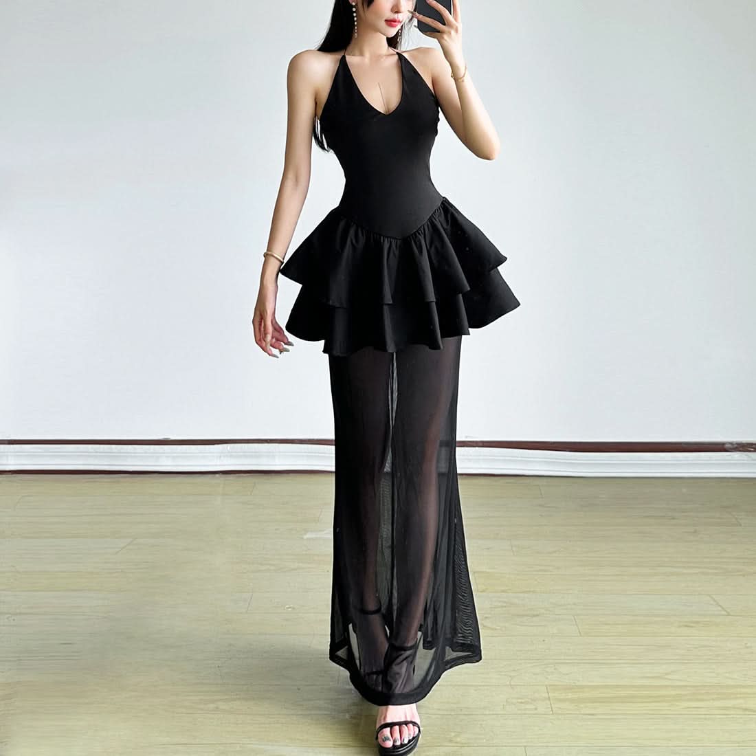 Siren Black Halter Sheer Maxi Dress - Ruffle Peplum & V-Neck for Fall Night Out Glam