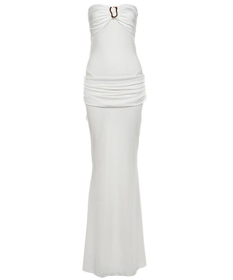 Effortless Elegance: White Strapless Ruched Maxi Dress with Chic Buckle Detail | Perfect for Destination Weddings & Holiday Escapes