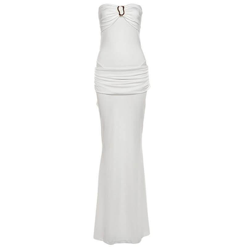 Effortless Elegance: White Strapless Ruched Maxi Dress with Chic Buckle Detail | Perfect for Destination Weddings & Holiday Escapes