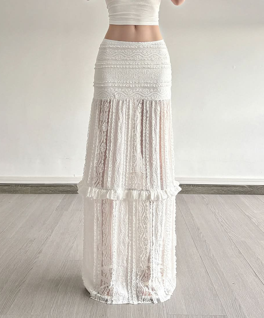 Effortless Chic White Lace Maxi Skirt - Bohemian Ruffle Tiered Flowy Style for Fall & Resort Getaways