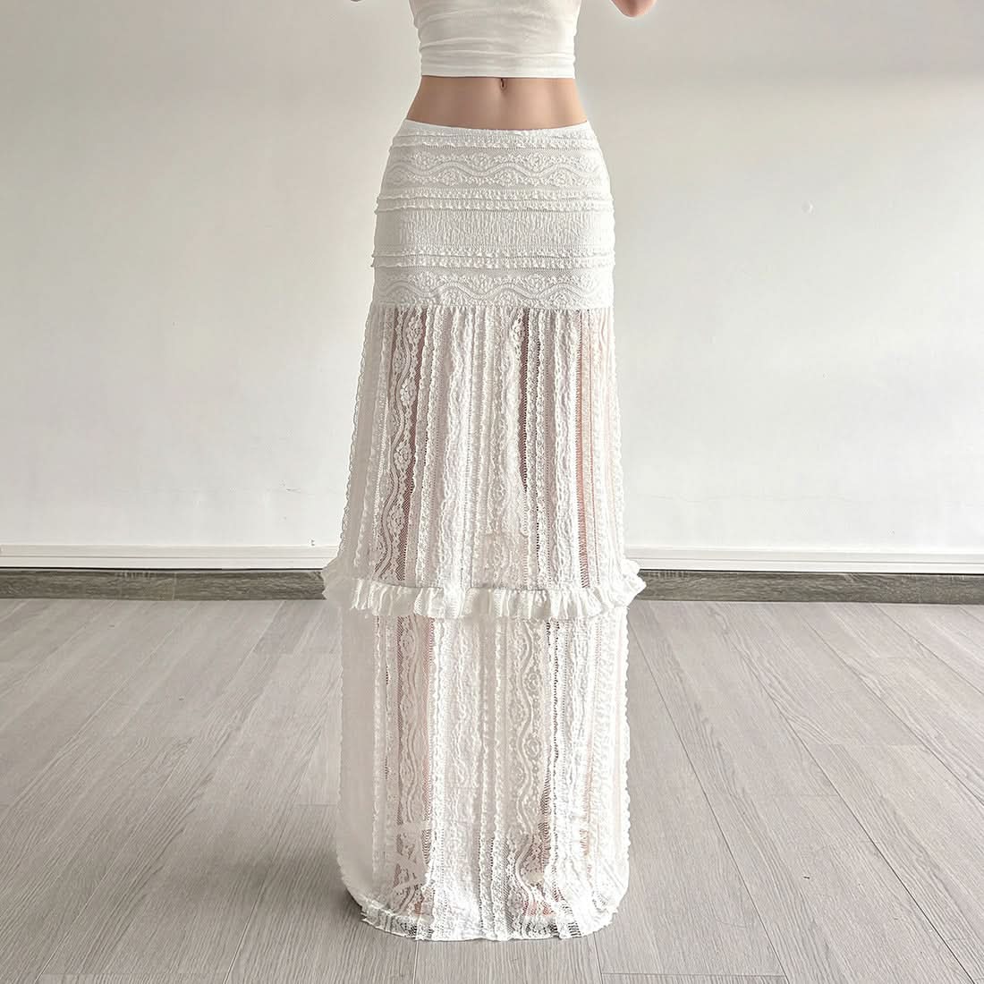 Effortless Chic White Lace Maxi Skirt - Bohemian Ruffle Tiered Flowy Style for Fall & Resort Getaways
