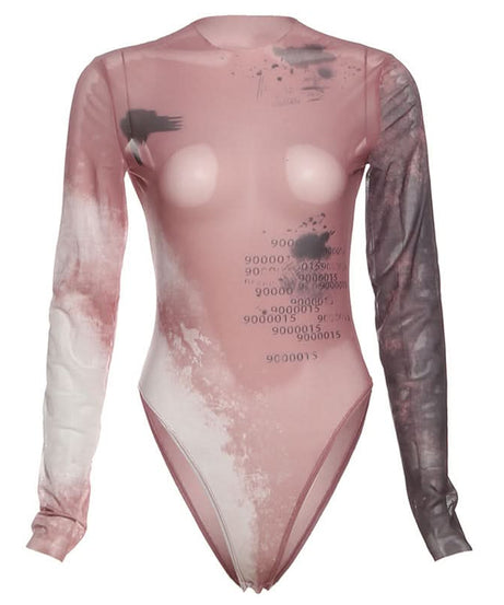 Numeric Abstract Sheer Mesh Bodysuit - Edgy Long Sleeve Top for Fall & Halloween