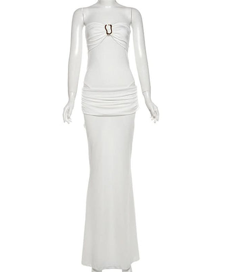 Effortless Elegance: White Strapless Ruched Maxi Dress with Chic Buckle Detail | Perfect for Destination Weddings & Holiday Escapes