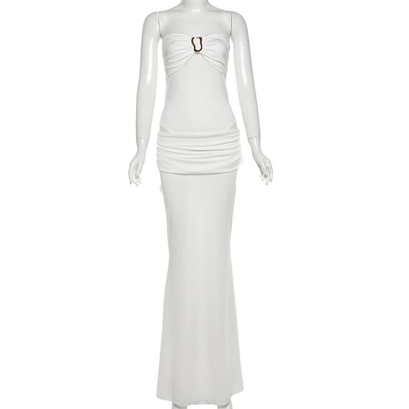 Effortless Elegance: White Strapless Ruched Maxi Dress with Chic Buckle Detail | Perfect for Destination Weddings & Holiday Escapes