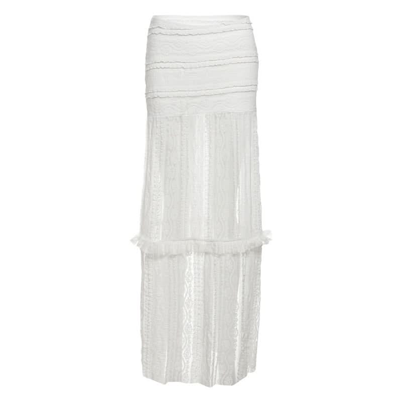 Effortless Chic White Lace Maxi Skirt - Bohemian Ruffle Tiered Flowy Style for Fall & Resort Getaways