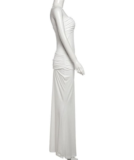 Effortless Elegance: White Strapless Ruched Maxi Dress with Chic Buckle Detail | Perfect for Destination Weddings & Holiday Escapes