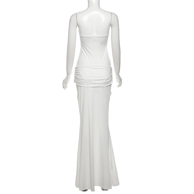 Effortless Elegance: White Strapless Ruched Maxi Dress with Chic Buckle Detail | Perfect for Destination Weddings & Holiday Escapes