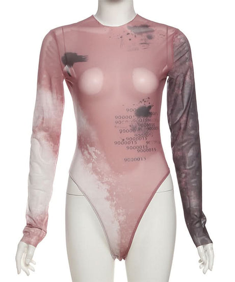 Numeric Abstract Sheer Mesh Bodysuit - Edgy Long Sleeve Top for Fall & Halloween