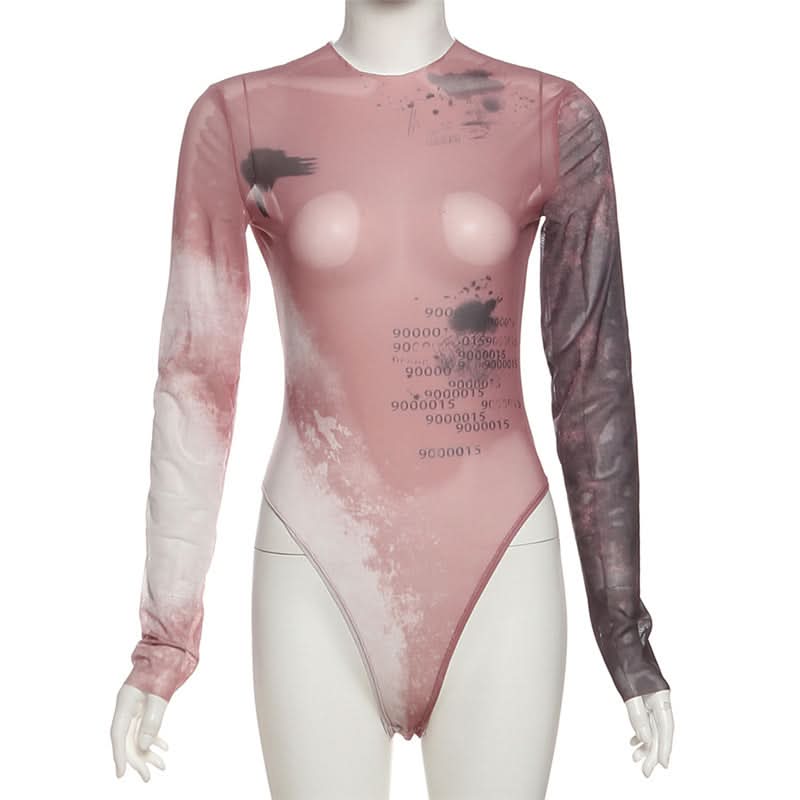 Numeric Abstract Sheer Mesh Bodysuit - Edgy Long Sleeve Top for Fall & Halloween