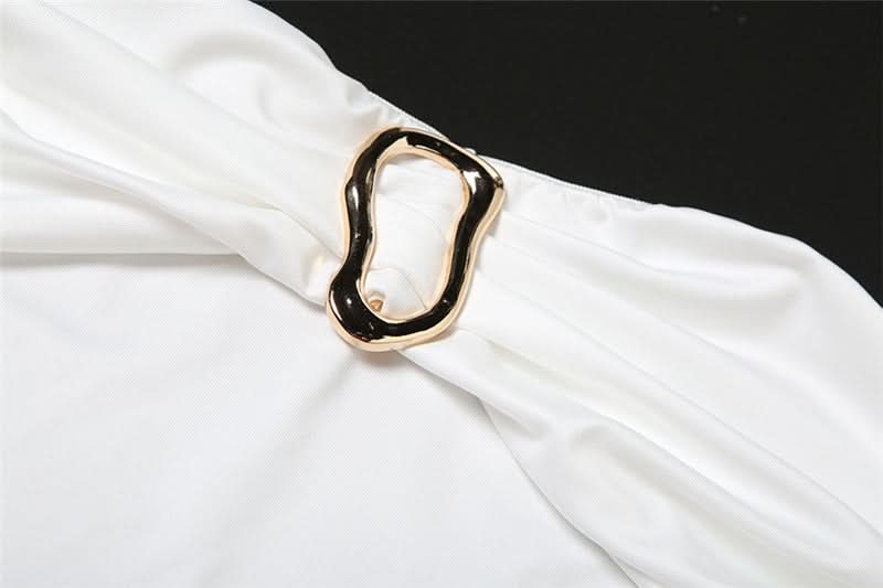 Effortless Elegance: White Strapless Ruched Maxi Dress with Chic Buckle Detail | Perfect for Destination Weddings & Holiday Escapes