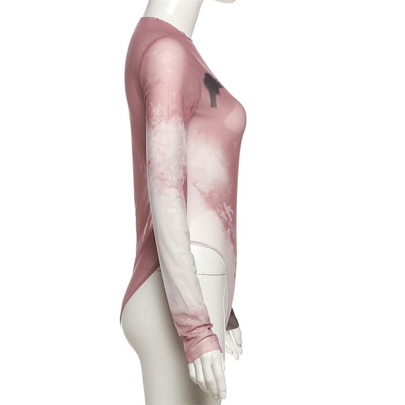 Numeric Abstract Sheer Mesh Bodysuit - Edgy Long Sleeve Top for Fall & Halloween