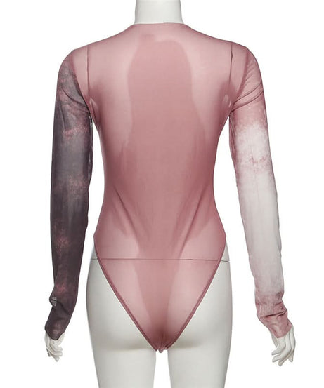 Numeric Abstract Sheer Mesh Bodysuit - Edgy Long Sleeve Top for Fall & Halloween