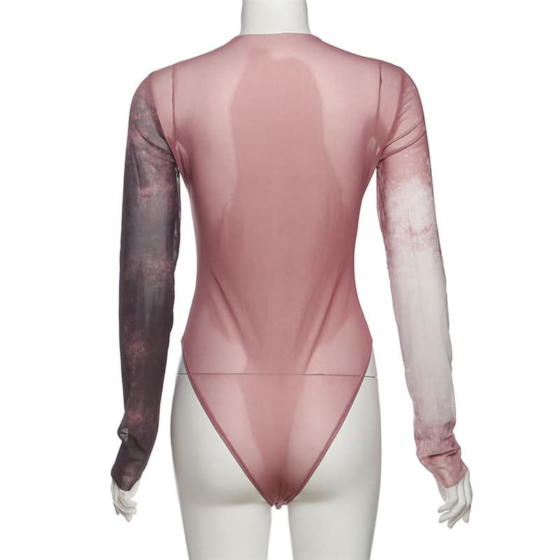 Numeric Abstract Sheer Mesh Bodysuit - Edgy Long Sleeve Top for Fall & Halloween