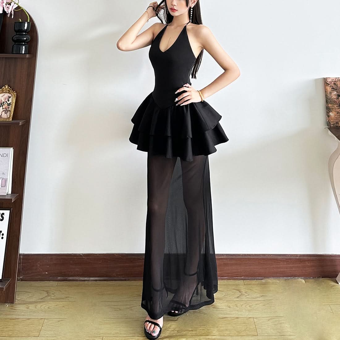 Siren Black Halter Sheer Maxi Dress - Ruffle Peplum & V-Neck for Fall Night Out Glam
