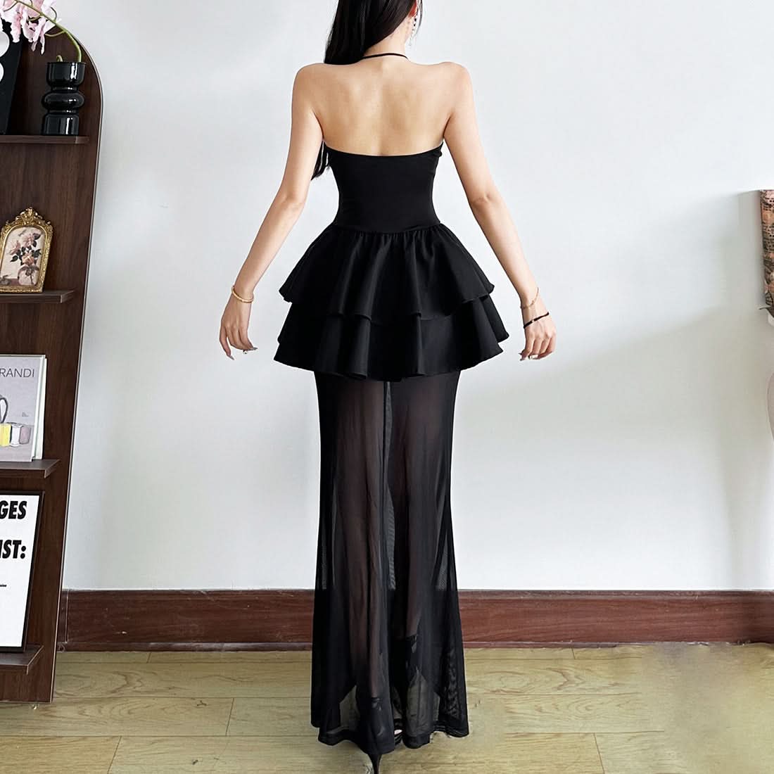 Siren Black Halter Sheer Maxi Dress - Ruffle Peplum & V-Neck for Fall Night Out Glam