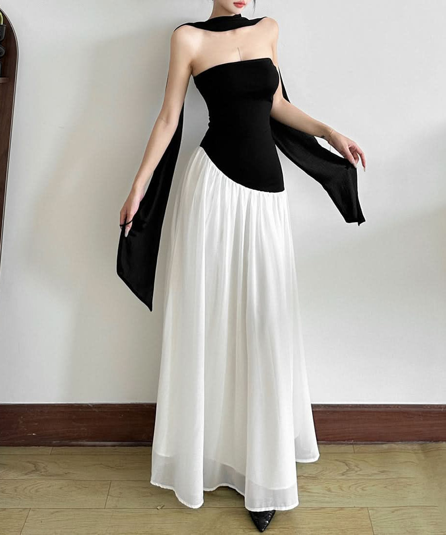 Effortless Elegance: The 'Ophelia' Asymmetric Black & White Maxi Dress – Strapless Gown with Draped Accents for Fall & Holiday Events