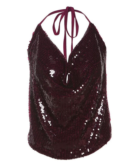 Dazzling Burgundy Sequin Halter Top | Glam Cowl Neck for Holiday & NYE Parties