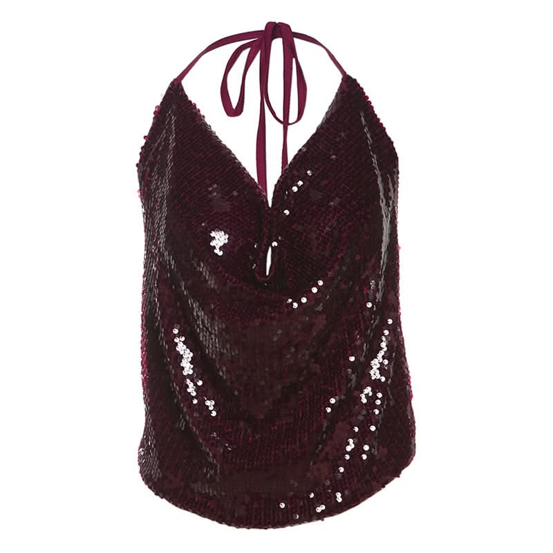 Dazzling Burgundy Sequin Halter Top | Glam Cowl Neck for Holiday & NYE Parties
