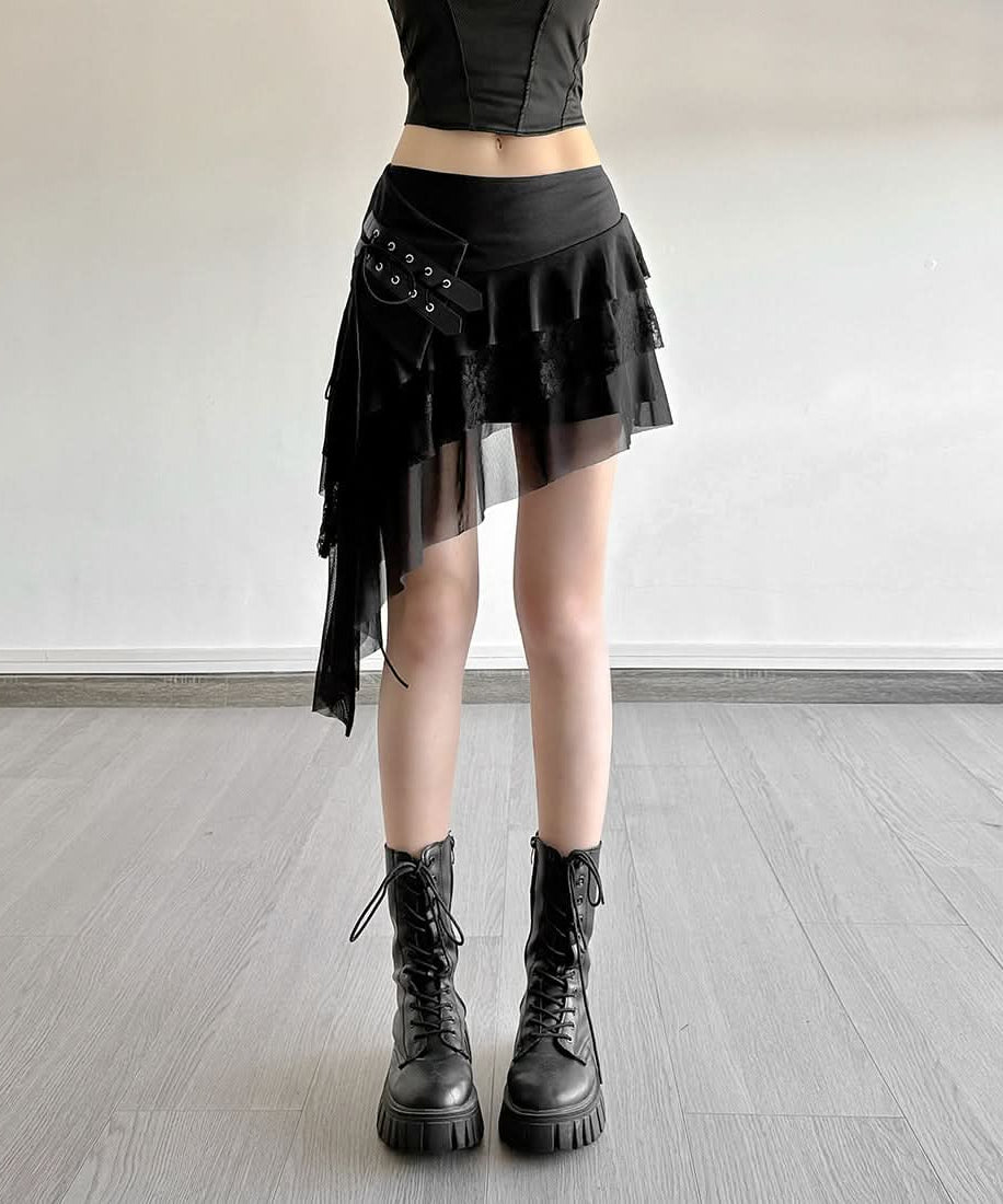 Edgy Asymmetrical Mesh Ruffle Mini Skirt with Buckles - Your Ultimate Fall & Halloween Statement