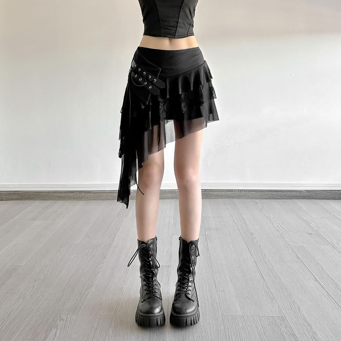 Edgy Asymmetrical Mesh Ruffle Mini Skirt with Buckles - Your Ultimate Fall & Halloween Statement