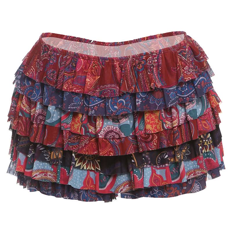Vibrant Boho Ruffle Mini Skirt - Paisley Tiered for Fall & Getaways