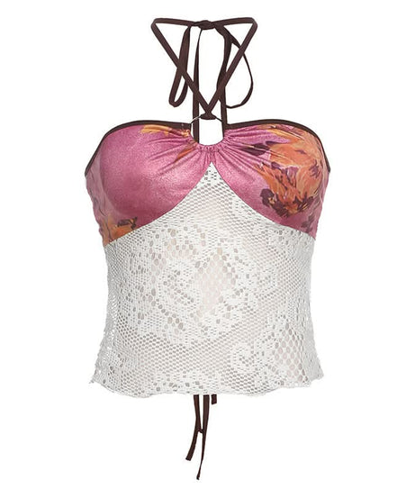 Autumn Bloom Halter Top: O-Ring Ruched Bust & Delicate Lace for Fall Nights