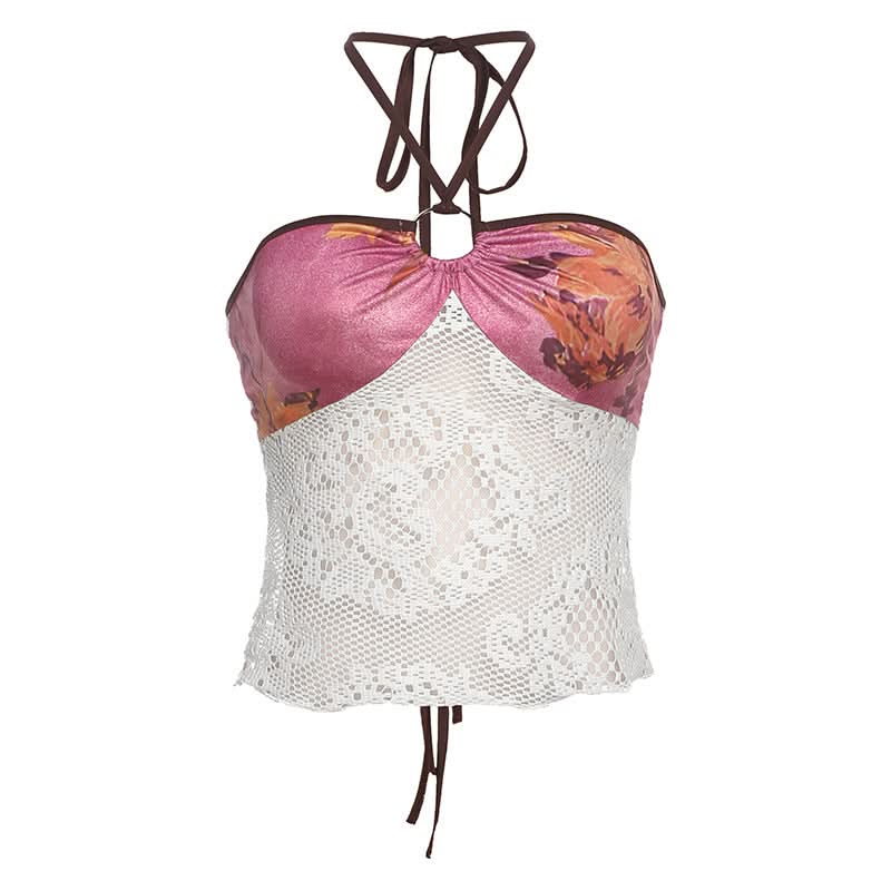 Autumn Bloom Halter Top: O-Ring Ruched Bust & Delicate Lace for Fall Nights