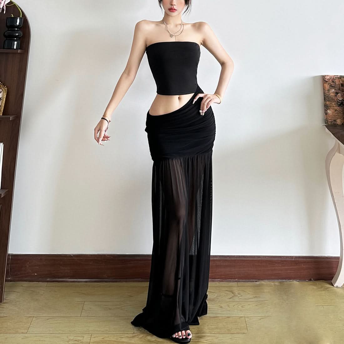 Sultry Black Strapless Ruched Mesh Maxi Dress | Curve-Hugging & Sheer for Fall Evenings