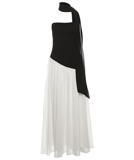 Effortless Elegance: The 'Ophelia' Asymmetric Black & White Maxi Dress – Strapless Gown with Draped Accents for Fall & Holiday Events