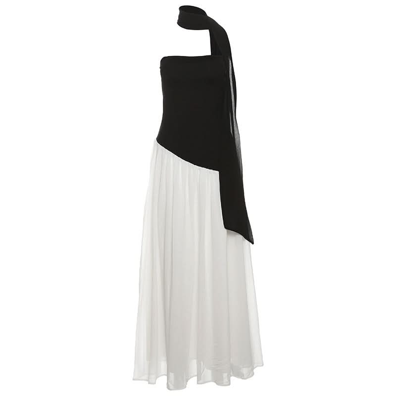 Effortless Elegance: The 'Ophelia' Asymmetric Black & White Maxi Dress – Strapless Gown with Draped Accents for Fall & Holiday Events