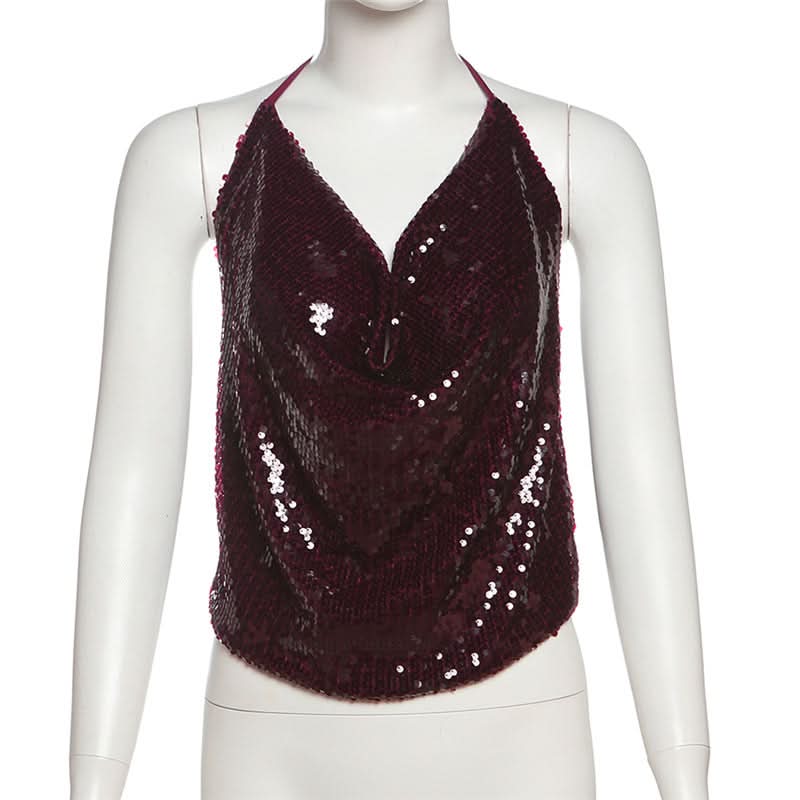 Dazzling Burgundy Sequin Halter Top | Glam Cowl Neck for Holiday & NYE Parties
