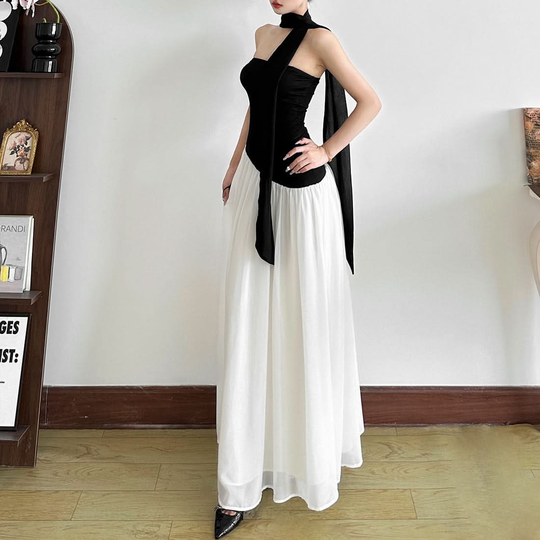 Effortless Elegance: The 'Ophelia' Asymmetric Black & White Maxi Dress – Strapless Gown with Draped Accents for Fall & Holiday Events