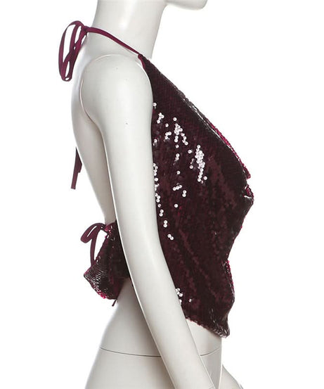 Dazzling Burgundy Sequin Halter Top | Glam Cowl Neck for Holiday & NYE Parties