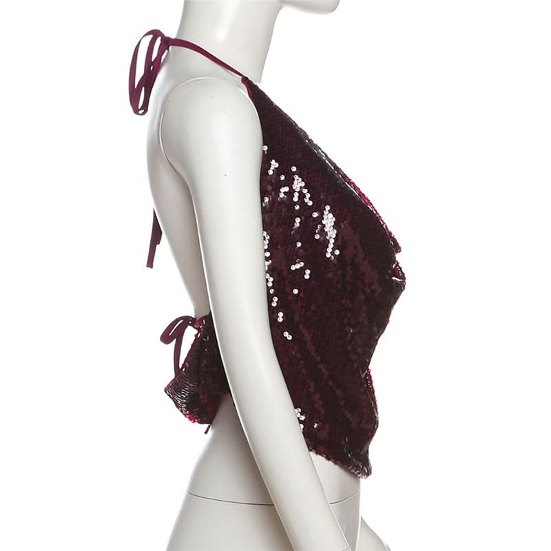 Dazzling Burgundy Sequin Halter Top | Glam Cowl Neck for Holiday & NYE Parties